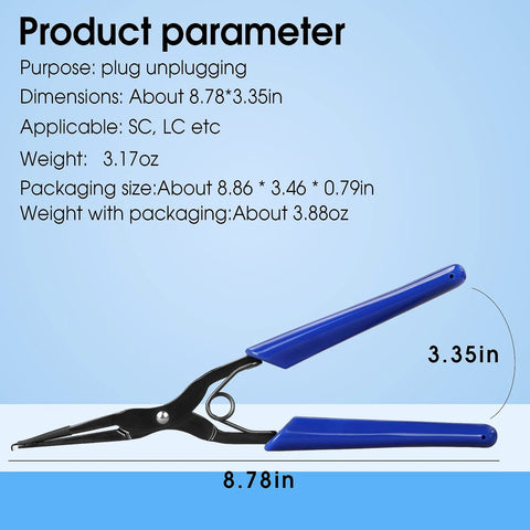 BAOSHLA optical fiber flange clamp pliers with blue handles; long-nose tool for SC/LC connectors (side view)