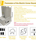 Electric Corner Rounder Machine 50mm Capacity With Safety Guard And Foot Pedal Includes 7 Blades R3 Through R9 Perfect For Documents Certificates Books Packaging Office Craft And School Projects Heavy Duty, machine parameters and safety instructions displayed