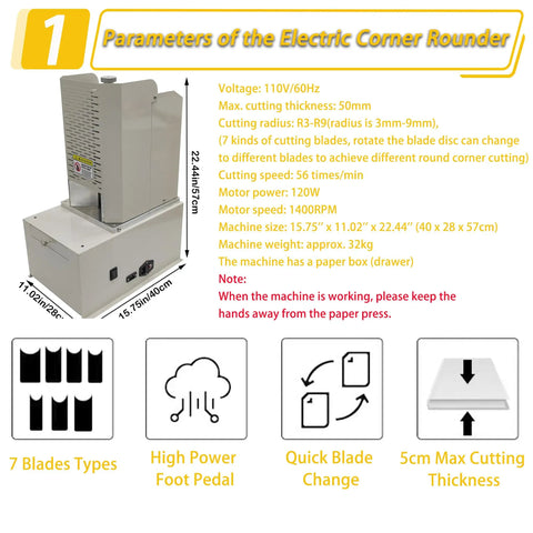 Electric Corner Rounder Machine 50mm Capacity With Safety Guard And Foot Pedal Includes 7 Blades R3 Through R9 Perfect For Documents Certificates Books Packaging Office Craft And School Projects Heavy Duty, machine parameters and safety instructions displayed