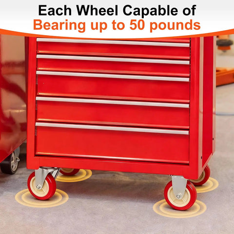 Four Pack Of 2.5 Inch Red Pvc Swivel Caster Wheels With Silent 360 Ball Bearings For Heavy Duty Furniture Carts And Utility Dollies visible under a red cart.
