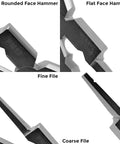 Close-up of Deluxe MIG Welding Pliers with fine and coarse files, rounded and flat face hammer, focus on tool details for welders.