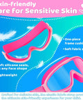 Pink kids swim goggles highlighting skin-friendly soft fabric strap and silicone seals, part of Kids Swim Goggles 2 Pack With No Hair Pulling Comfort Fabric Strap For Ages 3 To 14 Kid Friendly Anti Fog And UV Protection No Leaks Wide View Swim Mask For Boys And Girls 25mm Cloth Band For Easy Fit Summer Pool Essentials.