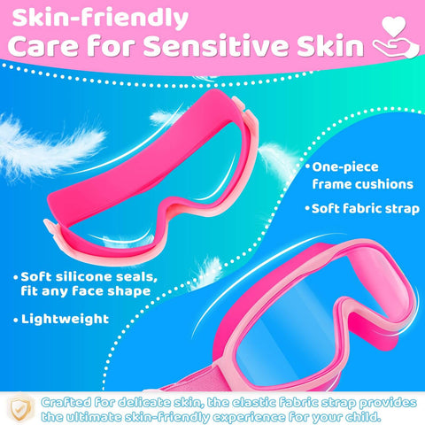 Pink kids swim goggles highlighting skin-friendly soft fabric strap and silicone seals, part of Kids Swim Goggles 2 Pack With No Hair Pulling Comfort Fabric Strap For Ages 3 To 14 Kid Friendly Anti Fog And UV Protection No Leaks Wide View Swim Mask For Boys And Girls 25mm Cloth Band For Easy Fit Summer Pool Essentials.