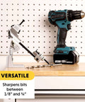 General Tools drill grinding attachment #825 with a cordless drill and metal clamp on a workbench.