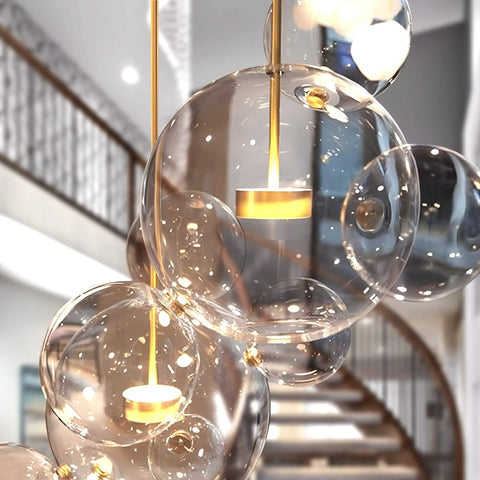 Modern LED Globe Pendant Light With Four Bubble Glass Orbs, Dimmable 3000K-6000K, close-up of orbs with gold fixtures, 21.65 inch