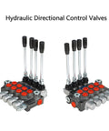 Two four-spool hydraulic directional control valves with silver levers, black handles, and red port caps (front/side views).