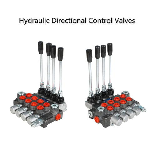 Two four-spool hydraulic directional control valves with silver levers, black handles, and red port caps (front/side views).