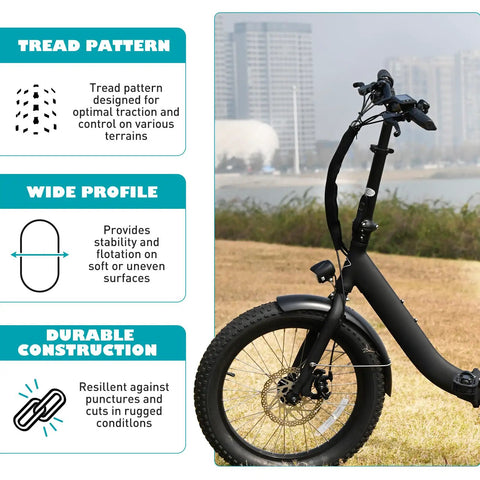 Beefy 20x3 Fat Bike Tire For E-Bikes And Mountain Snow Riding with tread pattern, wide profile, and durable construction.