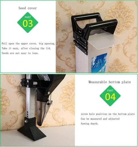 Adjustable Seed Depth Fertilizer Planter showing seed cover and measurable bottom plate for precise sowing.