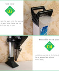 Close-up of handheld garden seeder spreader showing seed cover and adjustable bottom plate for seed depth, part 03 and 04.
