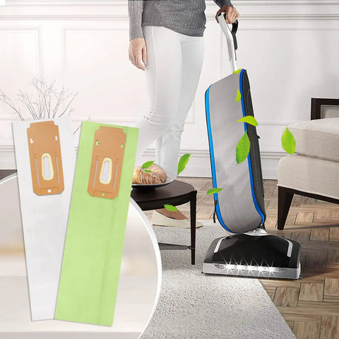 Person using vacuum with two Type CC Vacuum Bags 12 Pack For Oreck XL Upright Vacuum Cleaners Fits XL2100RHS U2000R displayed