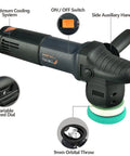 3 Inch Dual Action Car Buffer Polisher With 9mm Orbit, Variable Speed 6A Motor, showing features like speed dial and auxiliary handle.