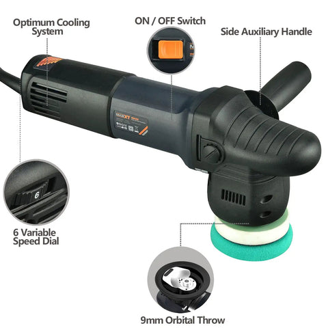 3 Inch Dual Action Car Buffer Polisher With 9mm Orbit, Variable Speed 6A Motor, showing features like speed dial and auxiliary handle.