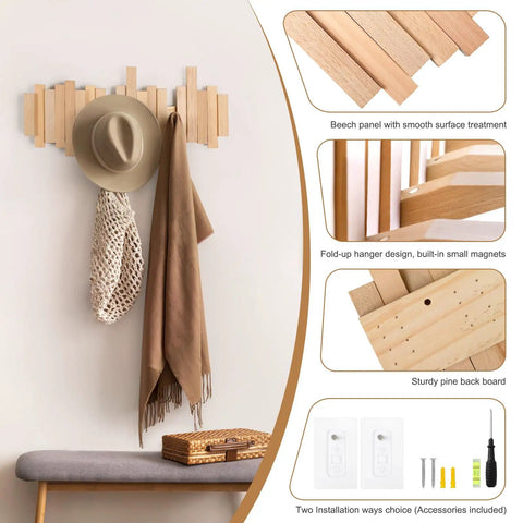 Dope Solid Wood Wall Mounted Coat Rack With Six Flip Down Hooks Magnetic, 16 Inch Wide in entryway with hat and scarf