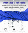 Blue microfiber glasses cleaning cloths for eyeglasses, cameras, and phones; two cloths shown, machine washable reusable.