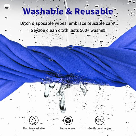Blue microfiber glasses cleaning cloths for eyeglasses, cameras, and phones; two cloths shown, machine washable reusable.