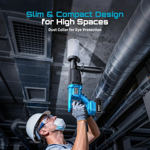 Worker using Cordless SDS-Plus Rotary Hammer Drill With 2x5.0Ah Batteries, 3.2J Impact Energy in high ceiling area