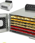 Six Layer Stainless Steel Food Dehydrator Dries Fruit Vegetable Jerky And Herbs Quick With 400W Power, multiple trays filled with dried fruits inside.
