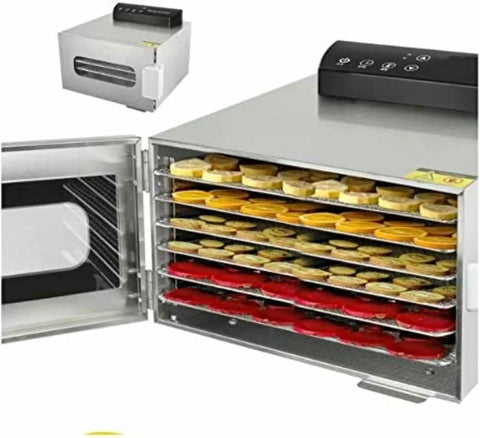 Six Layer Stainless Steel Food Dehydrator Dries Fruit Vegetable Jerky And Herbs Quick With 400W Power, multiple trays filled with dried fruits inside.