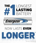 Energizer Ultimate Lithium Battery with text claiming longest lasting battery, ideal for heavy duty lithium triple A batteries.