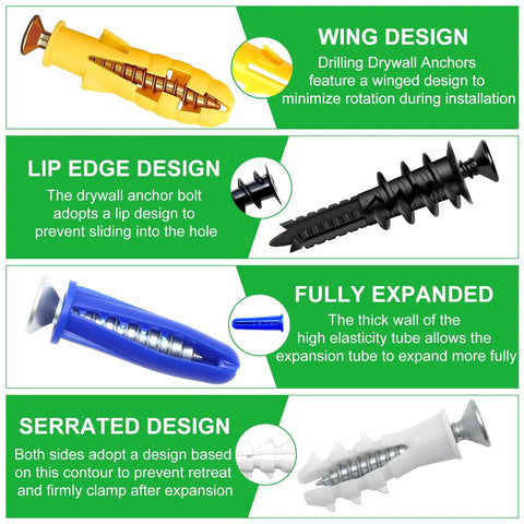 Drywall Anchors And Screws Kit 165Pcs With Heavy Duty Toggle Bolts 8 Sizes Metal And Plastic Anchors, design features overview