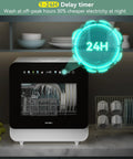 No Sweat Compact Countertop Dishwasher For Apartments Dorms And Rv With Five Place Setting Capacity showing delay timer feature and plates.