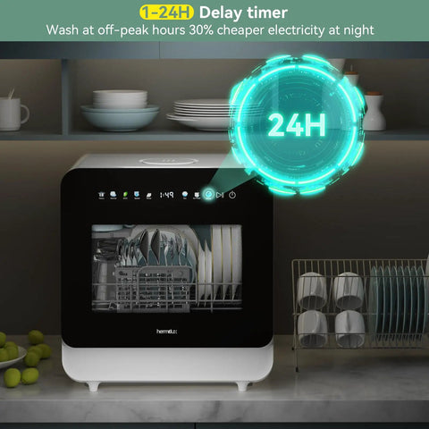 No Sweat Compact Countertop Dishwasher For Apartments Dorms And Rv With Five Place Setting Capacity showing delay timer feature and plates.
