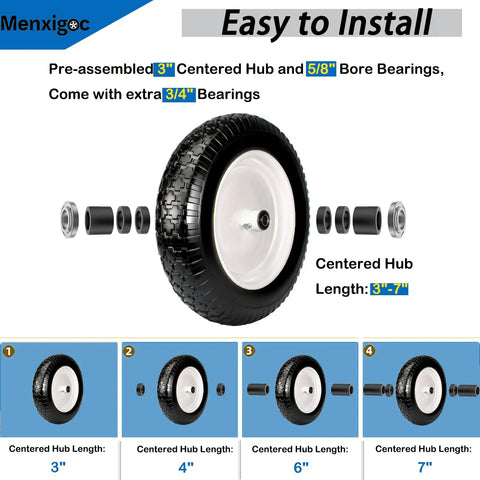 Flat Free Wheelbarrow Tire And Wheel 14.5 Inch 4.80/4.00-8 With 5/8 Bore And 3/4 Extra Bearings, easy install, centered hub options