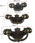 Three sizes of antique bronze drawer pull handles with measurements, showcasing vintage design and zinc alloy material for cabinets and jewelry boxes.