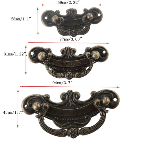 Three sizes of antique bronze drawer pull handles with measurements, showcasing vintage design and zinc alloy material for cabinets and jewelry boxes.