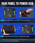 Diagram showing how to pair the Eight-Gang Wireless Car Switch Panel for P1S-W with 328 Ft 433MHz Remote Range to a power hub.