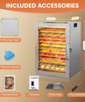 Heavy Duty Twelve Tray Food Dehydrator With Adjustable Temp And 800W Motor, showing 12 stainless trays and included accessories.