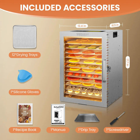 Heavy Duty Twelve Tray Food Dehydrator With Adjustable Temp And 800W Motor, showing 12 stainless trays and included accessories.