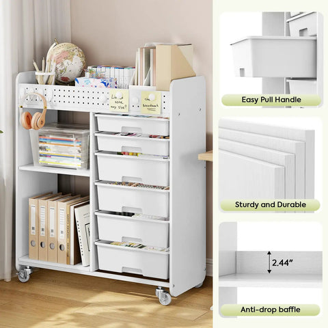 Rolling Storage Cart With Top Pegboard And Six Drawers Mobile Utility Cart On Wheels With Locking Brakes Craft Organizer