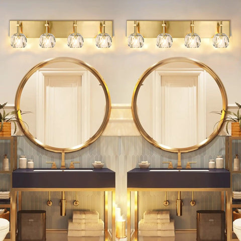 4 Light Crystal Bathroom Vanity Light Fixture Over Mirror With Gold Chrome Finish And Round Shade Wall Sconce Modern Bath Lighting