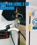 Heavy Duty 50 Amp To 20 Amp Nema 14-50P To 6-20R Power Adapter No Sweat Hookups connected to a white EV for Level 2 charging.