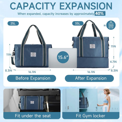 Travel Duffle Bag For Everyday Getaways Foldable Waterproof Weekender with expansion showing laptop fit, in Peacock Blue