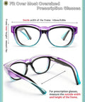 Kickass Anti Fog Safety Glasses That Fit Over Prescription Eyewear For Women Hella Comfortable Knockout Eye Protection Legit Ansi Z87 Certified Wraparound Shield Cyber Violet, showing dimensions and flexible frame.