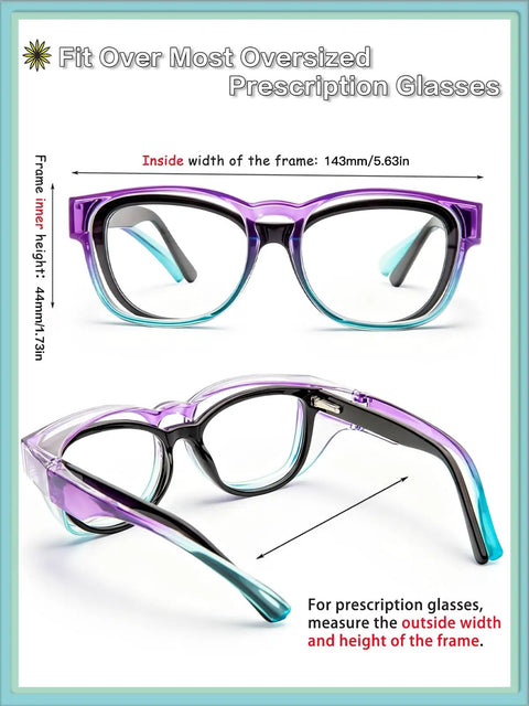 Kickass Anti Fog Safety Glasses That Fit Over Prescription Eyewear For Women Hella Comfortable Knockout Eye Protection Legit Ansi Z87 Certified Wraparound Shield Cyber Violet, showing dimensions and flexible frame.
