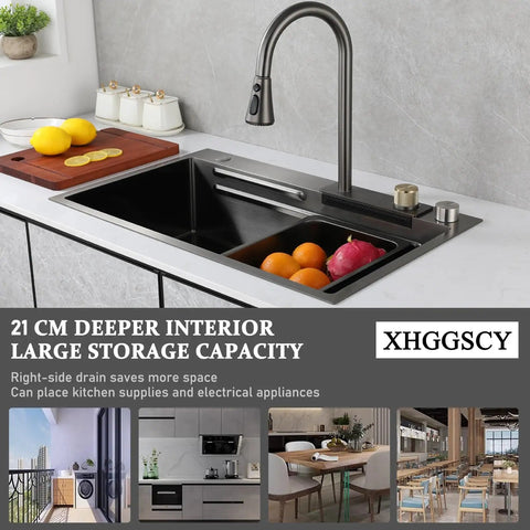65x50 cm Kitchen Sink Multi-Function Faucet with Retractable Sprayers Includes Basket Strainer Siphon and Drainage Set for Efficient Water Flow showing spacious basin and faucet in modern kitchen.