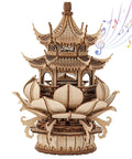 Awesome Wooden 3D Puzzle Lotus Pavilion Music Box Building Kit For Adults With 619 Precisely Cut Parts And Included Tools Wax Sandpaper DIY Wood Craft Gift For Men And Women Creative Assembly Hobby Toy For Mindful Play, lotus pavilion wooden music box