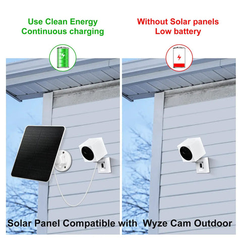 Comparison of 6W Solar Panel For Outdoor Security Cameras With Micro USB Port attached and not attached to Wyze camera on wall.