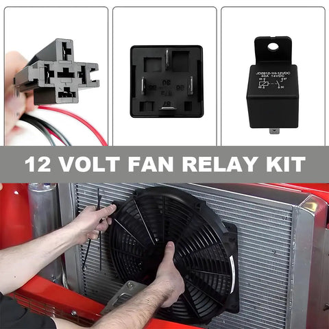 Premium 40 Amp 12V Cooling Fan Relay Thermostat Switch Kit with fan installation on truck radiator.