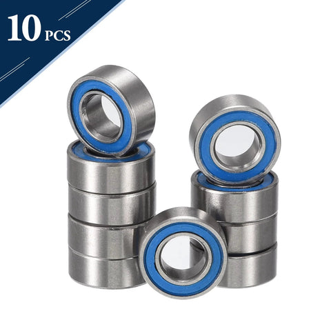 Ten MR104-2RS miniature deep groove ball bearings, 4x10x4 mm, chrome steel with blue rubber seals.
