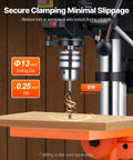 Close-up of 10 Inch Benchtop Drill Press With 6.2A Induction Motor Multi Speed Tabletop Drill Press working on wood.