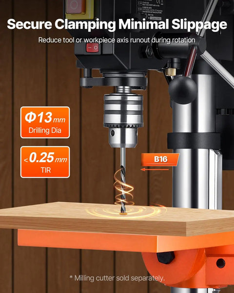 Close-up of 10 Inch Benchtop Drill Press With 6.2A Induction Motor Multi Speed Tabletop Drill Press working on wood.