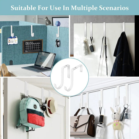 Heavy Duty Adjustable Over Door Hooks, Premium Metal Coat Hangers Built Tough To Handle Your Daily Grind, Clutter Free Cubicle Organizers Fit 1 3 8 To 3 2 Inch Panels, Sleek Matte Black Five Pack with hooks holding various items.