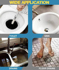 Heavy Duty 16mm Metal Drain Auger Snake 5 Meter Pipe Cleaning Tool unclogging a toilet and sink, showcasing versatile use.