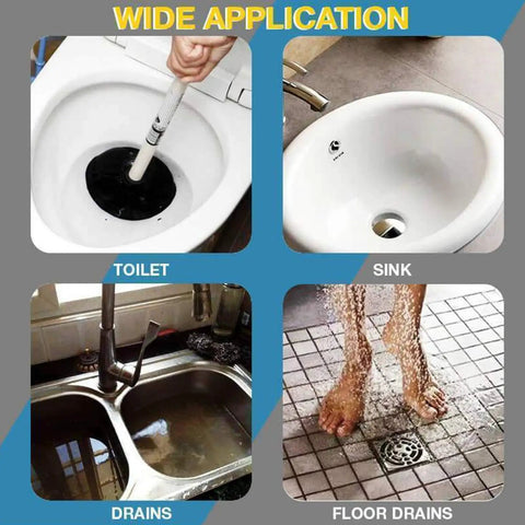 Heavy Duty 16mm Metal Drain Auger Snake 5 Meter Pipe Cleaning Tool unclogging a toilet and sink, showcasing versatile use.