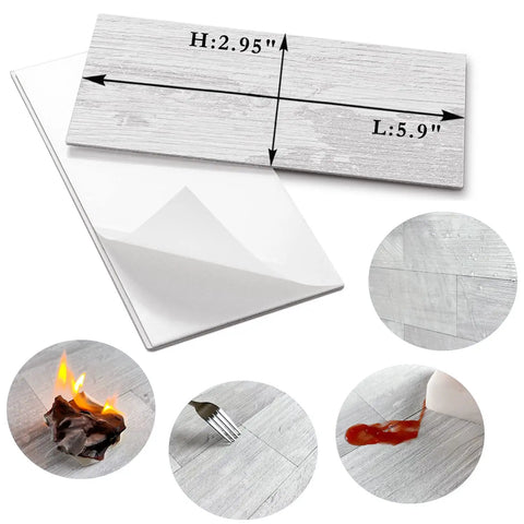 Easy Peel And Stick Three Inch By Six Inch White Birch Subway Backsplash Tiles set of one hundred pieces with dimensions and texture.